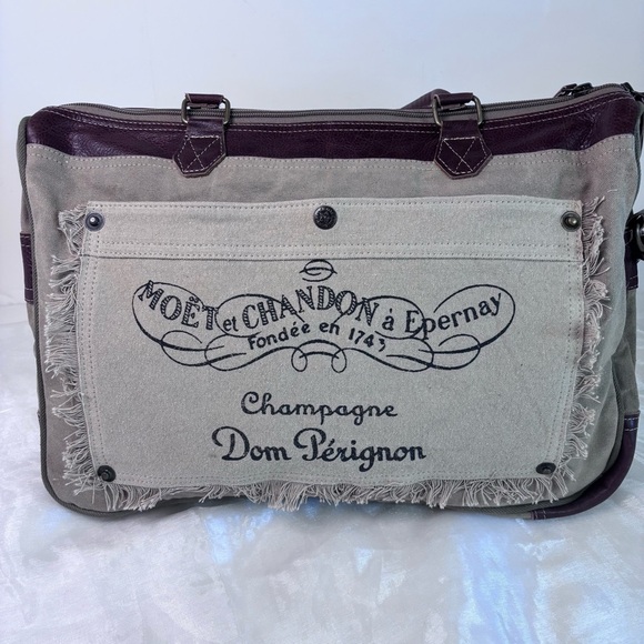 Myra Bag Champagne Fringe Upcycled Canvas and Genuine Leather Crossbody Bag - Picture 3 of 7